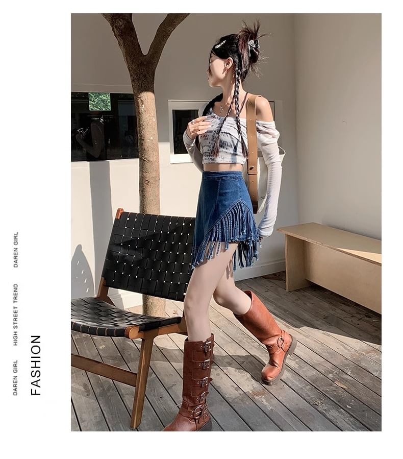 High Waist Washed Fringe Asymmetrical Mini A-Line Denim Skort