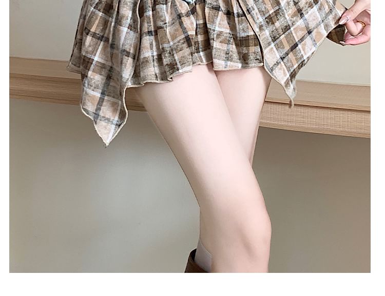 Plaid Panel Mini Denim Skirt with Washed Finish