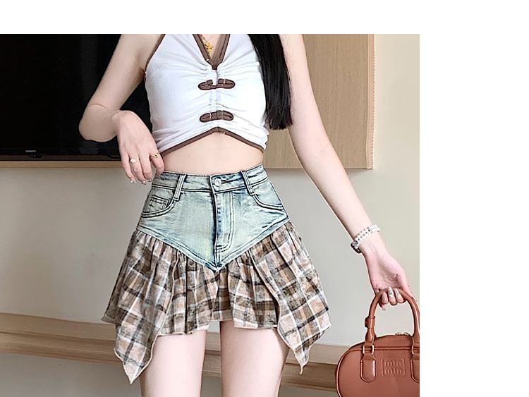 Plaid Panel Mini Denim Skirt with Washed Finish