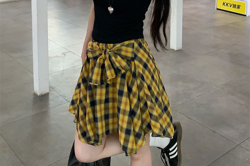 Ruched Crew Neck Tee and Plaid Mini Skirt