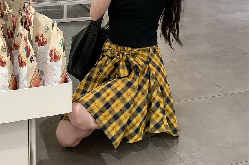Ruched Crew Neck Tee and Plaid Mini Skirt