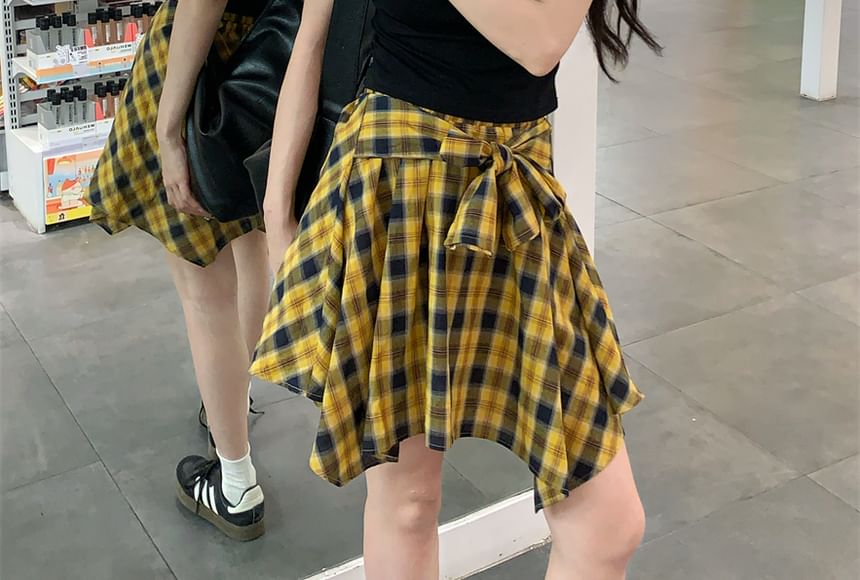 Ruched Crew Neck Tee and Plaid Mini Skirt