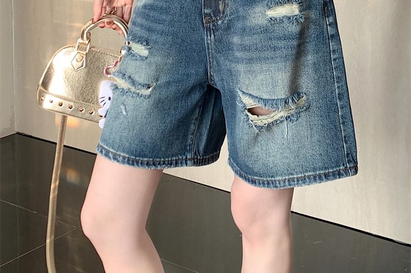 High Waist Washed Denim Distressed Shorts