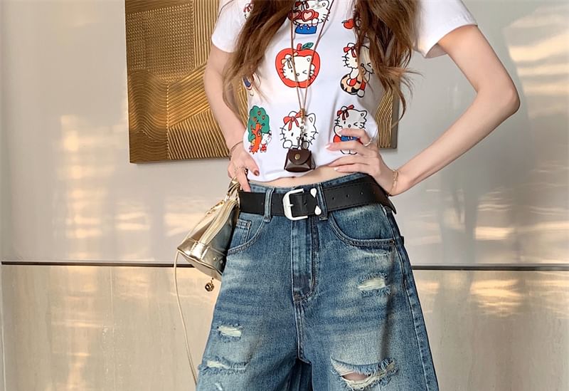 High Waist Washed Denim Distressed Shorts