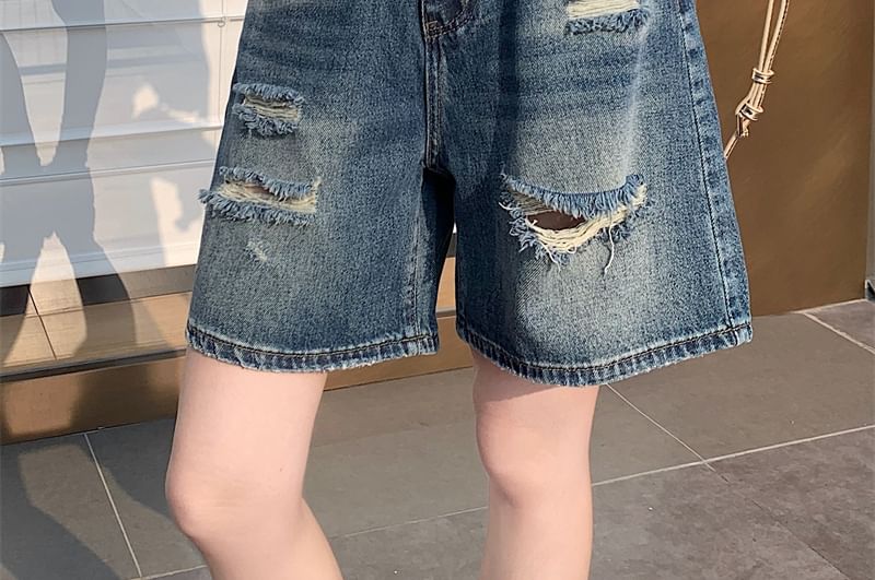 High Waist Washed Denim Distressed Shorts