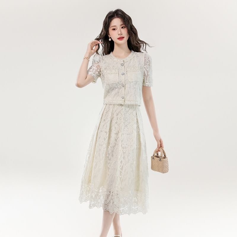 Lace-Trimmed Button Top with Midi Flared Skirt