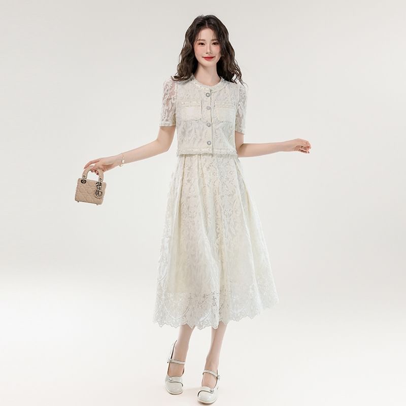 Lace-Trimmed Button Top with Midi Flared Skirt
