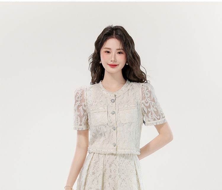 Lace-Trimmed Button Top with Midi Flared Skirt