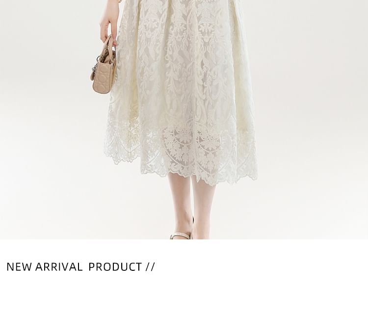 Lace-Trimmed Button Top with Midi Flared Skirt