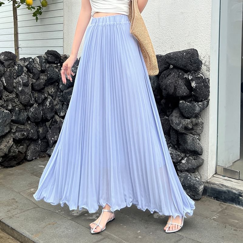 Elasticized Pleated Maxi Flared Skirt