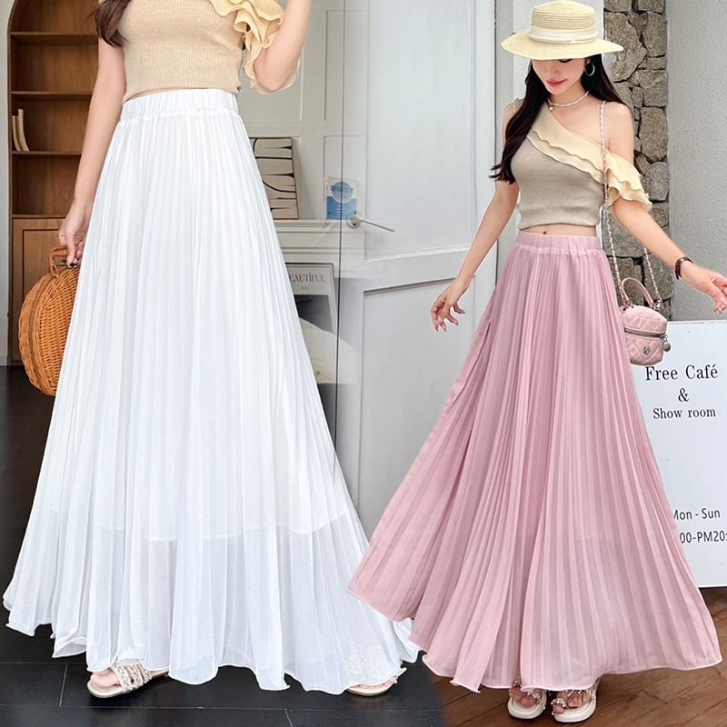 Elasticized Pleated Maxi Flared Skirt