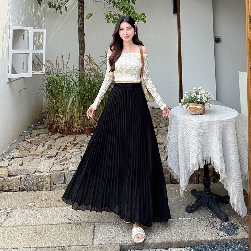 Elasticized Pleated Maxi Flared Skirt
