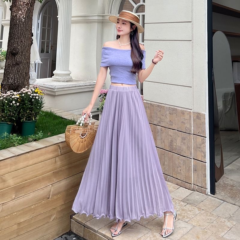 Elasticized Pleated Maxi Flared Skirt