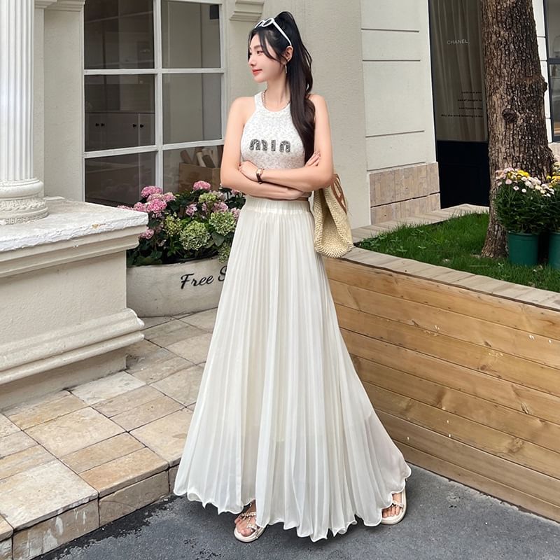 Elasticized Pleated Maxi Flared Skirt