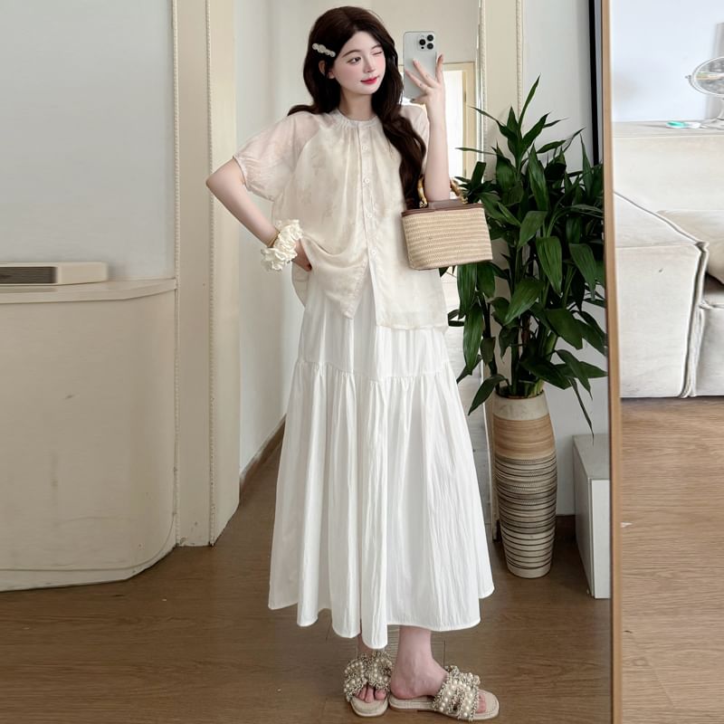 Maternity Jacquard Button Blouse & Midi Skirt Set