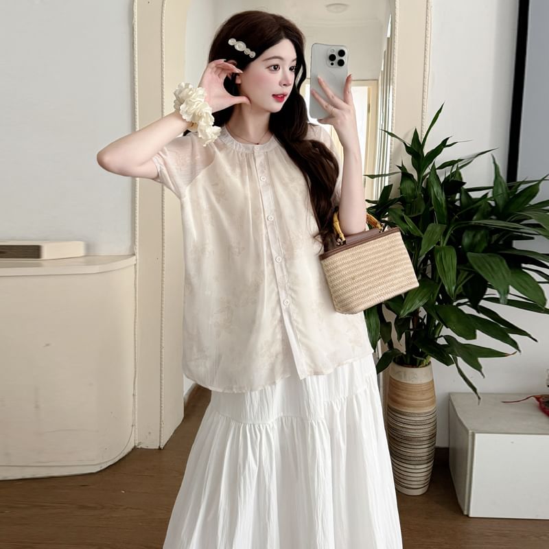 Maternity Jacquard Button Blouse & Midi Skirt Set
