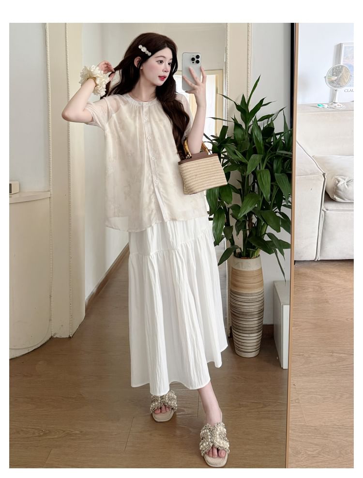 Maternity Jacquard Button Blouse & Midi Skirt Set