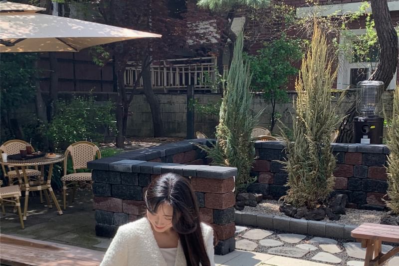 Short-Sleeve V-Neck Fringed Button-Up Plain Tweed Jacket