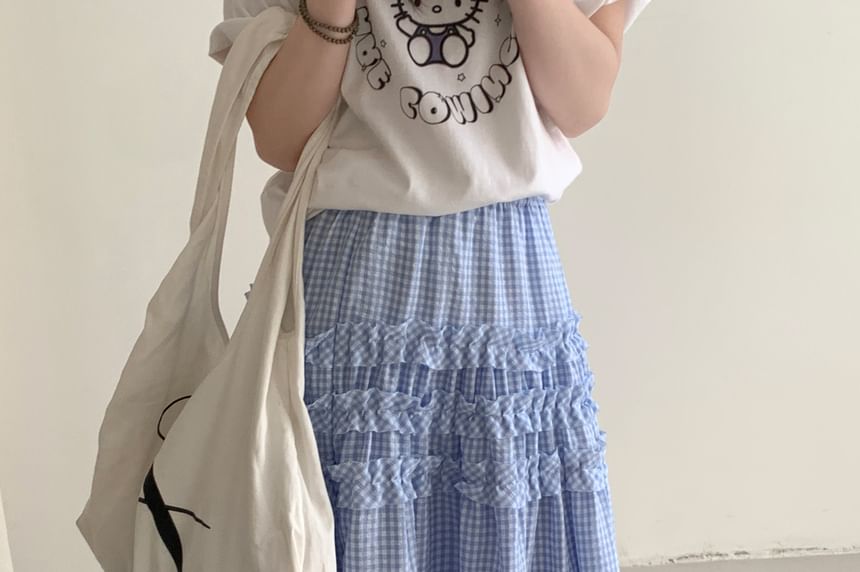 Gingham Ruffle Trim Tiered Midi Skirt with Elastic Waist