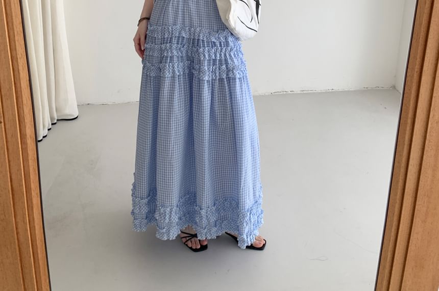 Gingham Ruffle Trim Tiered Midi Skirt with Elastic Waist