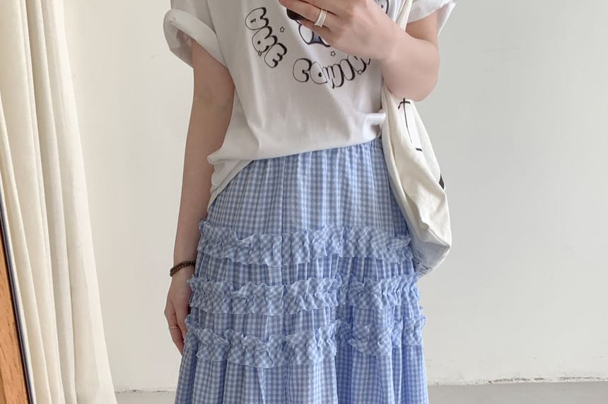 Gingham Ruffle Trim Tiered Midi Skirt with Elastic Waist
