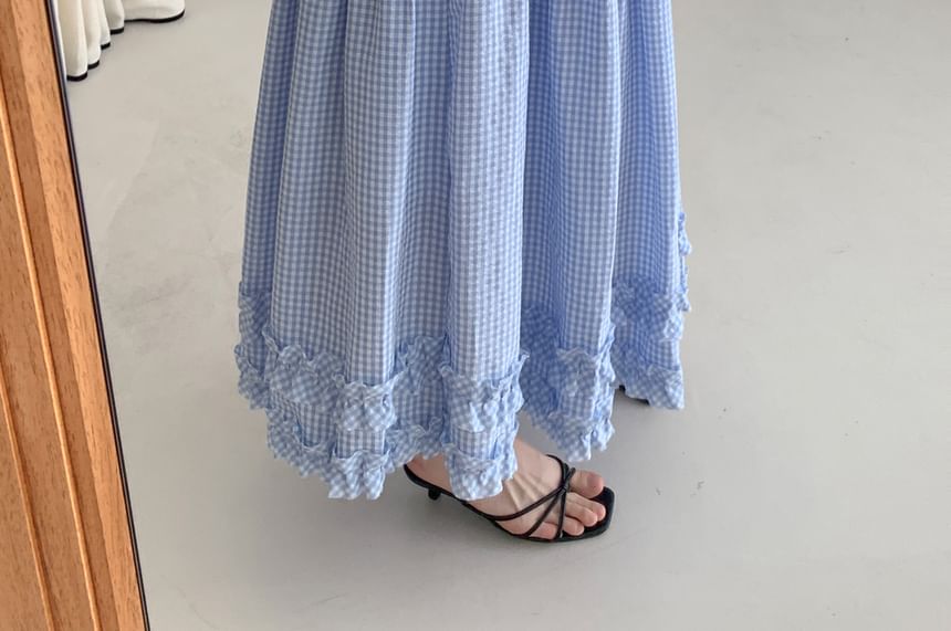 Gingham Ruffle Trim Tiered Midi Skirt with Elastic Waist