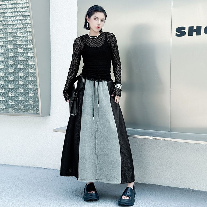 Washed Denim Maxi Skirt with Lace Panel and Drawstring