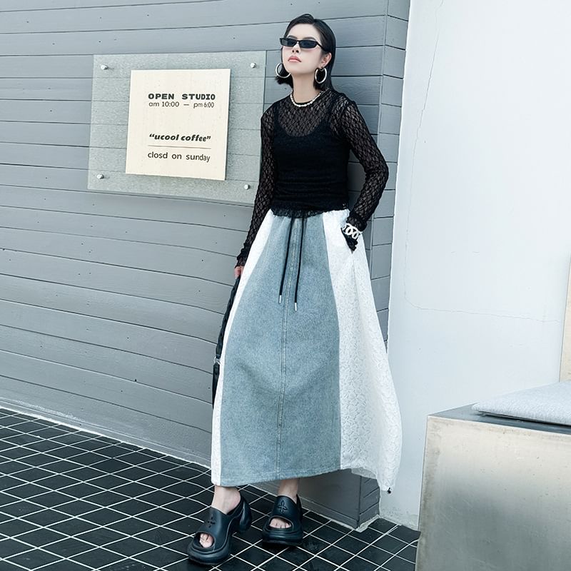 Washed Denim Maxi Skirt with Lace Panel and Drawstring