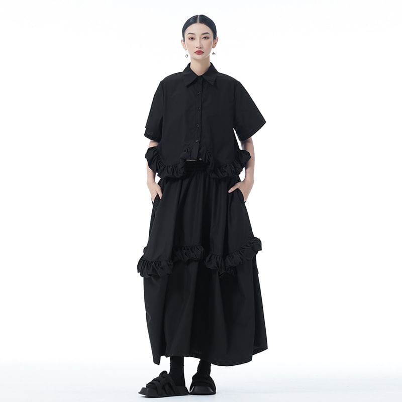 Collared Crop Blouse with Ruffle Hem and High-Rise Midi Skirt
