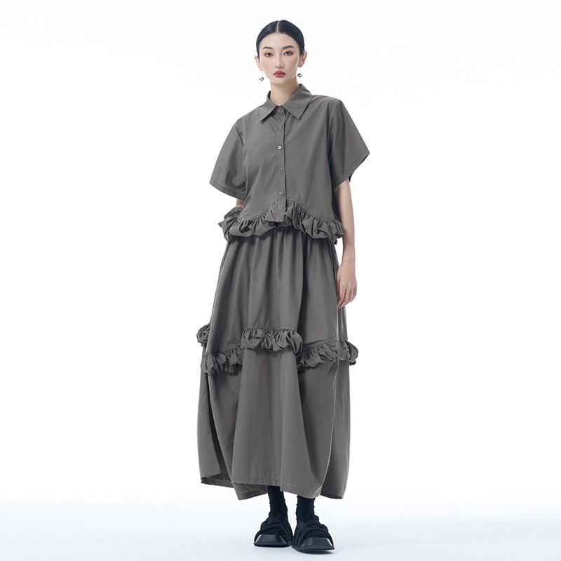 Collared Crop Blouse with Ruffle Hem and High-Rise Midi Skirt