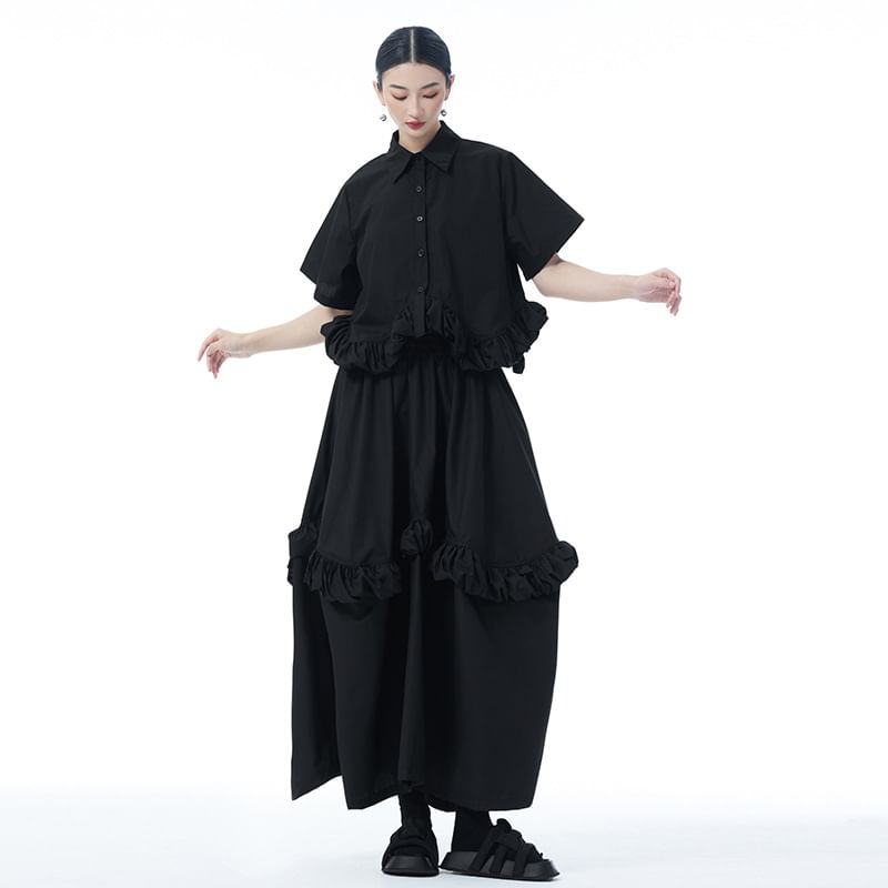 Collared Crop Blouse with Ruffle Hem and High-Rise Midi Skirt