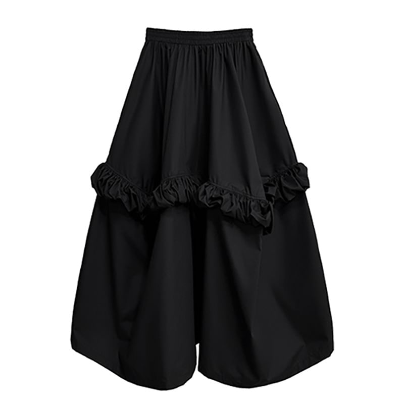 Collared Crop Blouse with Ruffle Hem and High-Rise Midi Skirt