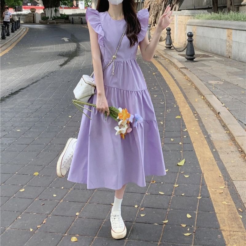 Round Trim Ruffle Plain A-Line Neck Midi Dress Tiered Cap-Sleeve