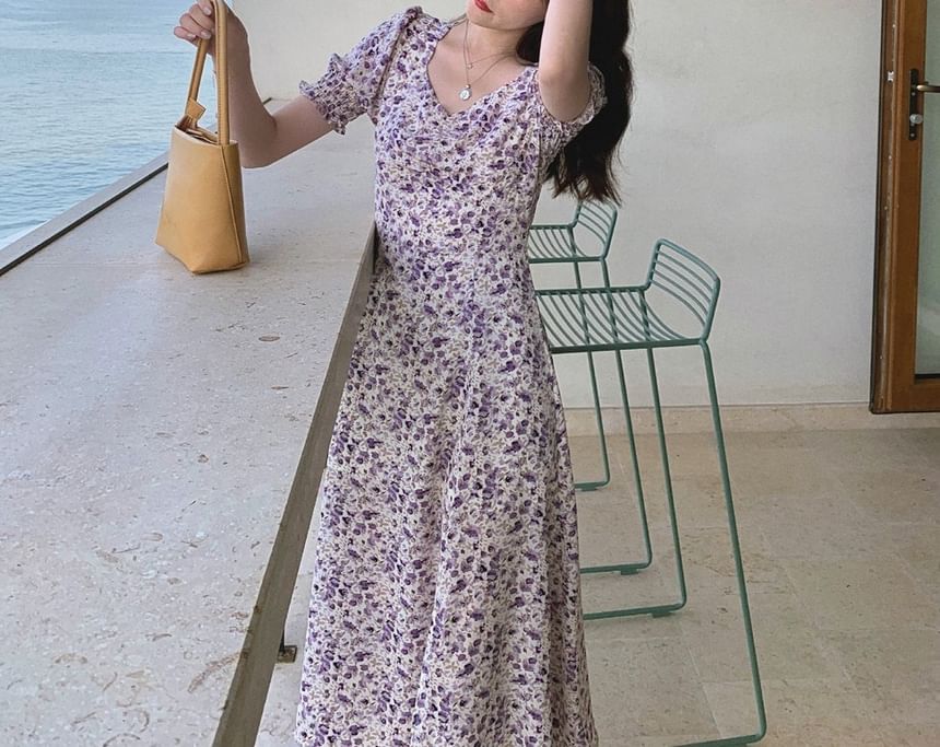 Slit A-Line Midi Puff-Sleeve Dress Floral