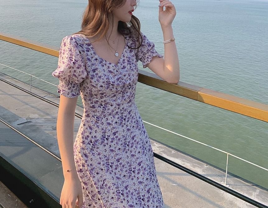 Slit A-Line Midi Puff-Sleeve Dress Floral