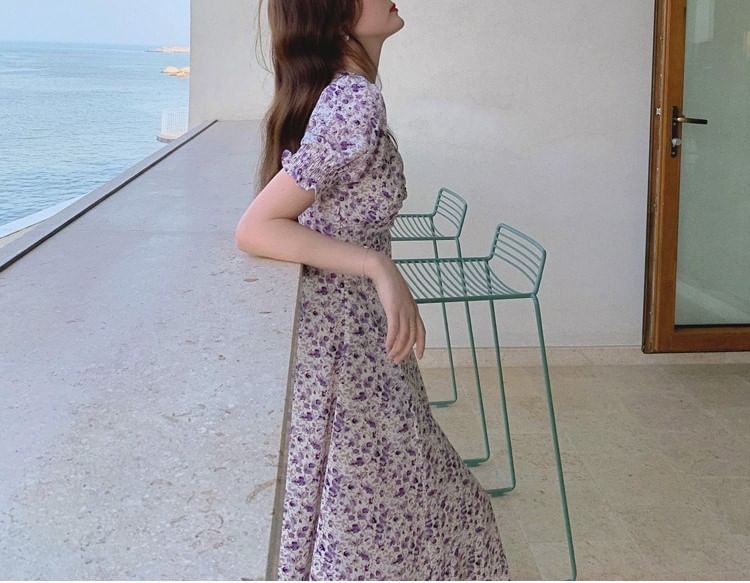 Slit A-Line Midi Puff-Sleeve Dress Floral