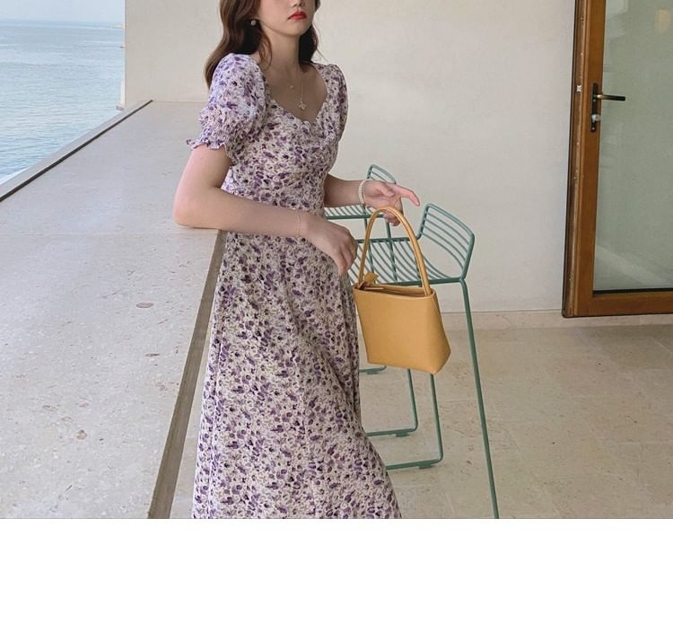 Slit A-Line Midi Puff-Sleeve Dress Floral