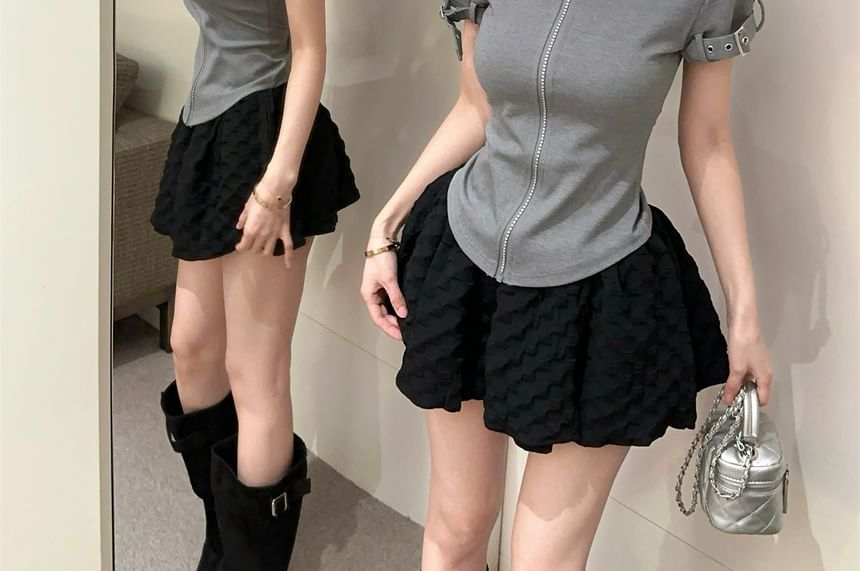 Mock Neck Rhinestone Fitted Tee & Mini Flared Skirt
