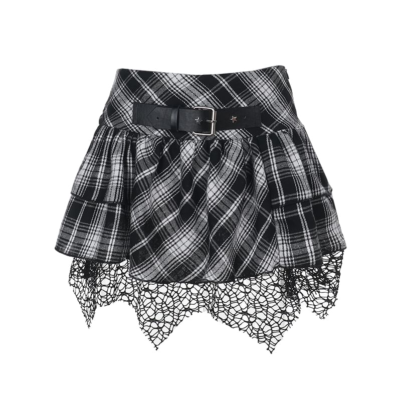 Plaid Buckled High-Rise Flared Mini Skirt