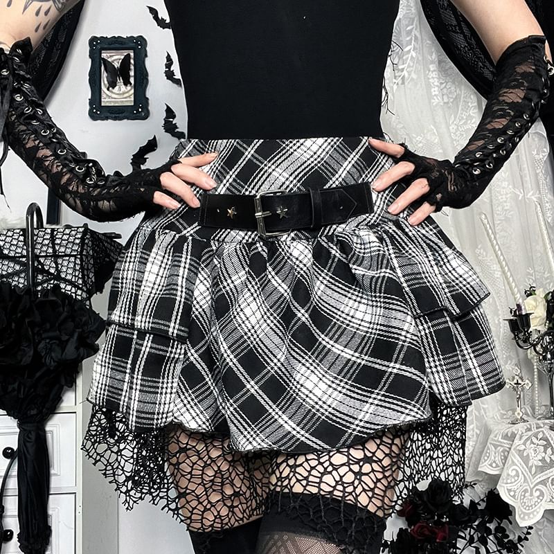 Plaid Buckled High-Rise Flared Mini Skirt