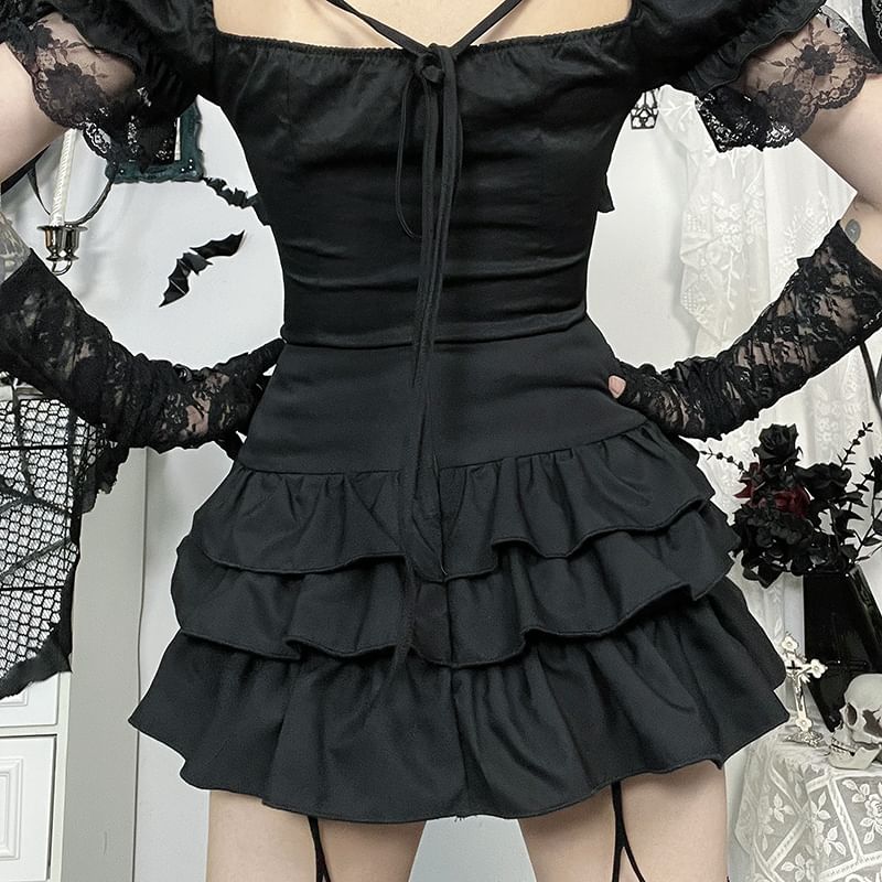 Lace Chain Detail Tiered Mini Skirt & Puff Sleeve Top