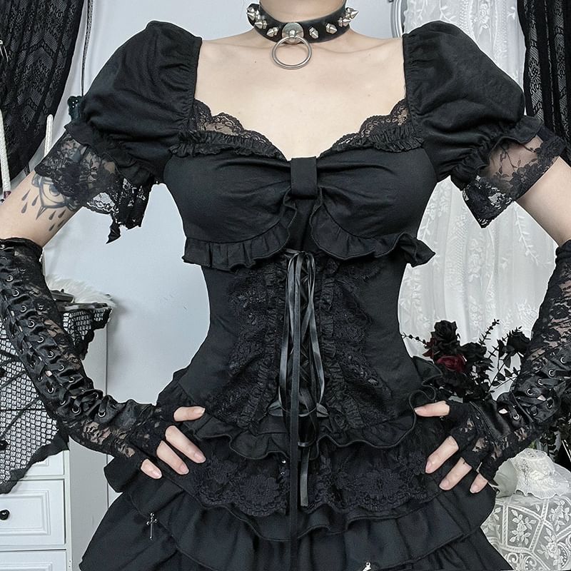 Lace Chain Detail Tiered Mini Skirt & Puff Sleeve Top