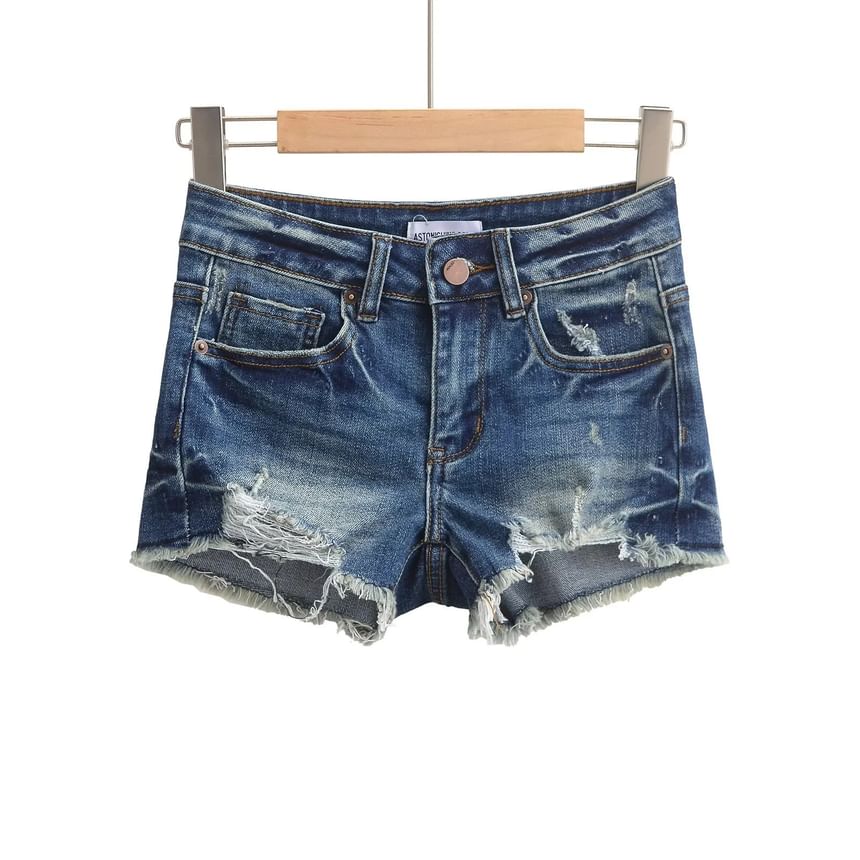 Low Rise Washed Frayed Distressed Denim Hot Pants