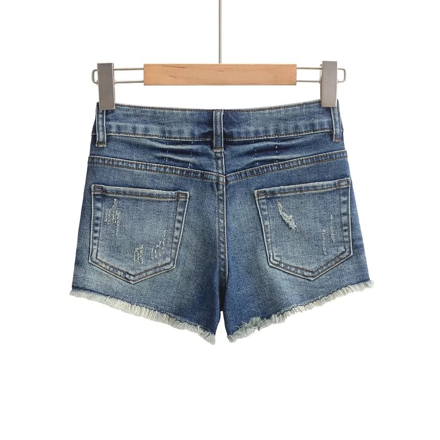 Low Rise Washed Frayed Distressed Denim Hot Pants