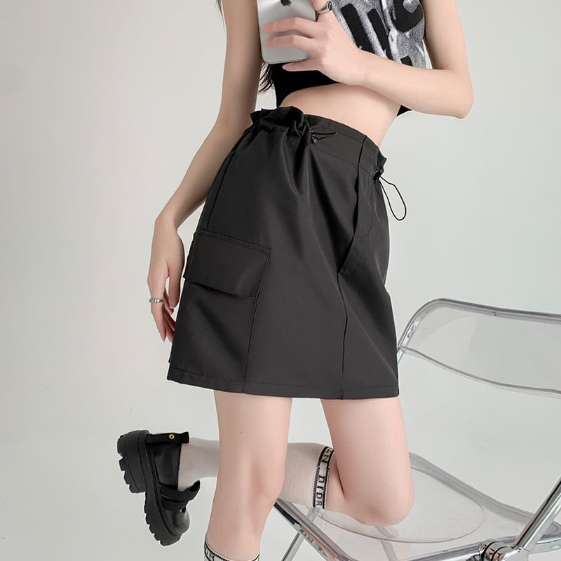 Drawstring High-Rise Plain Mini Skirt