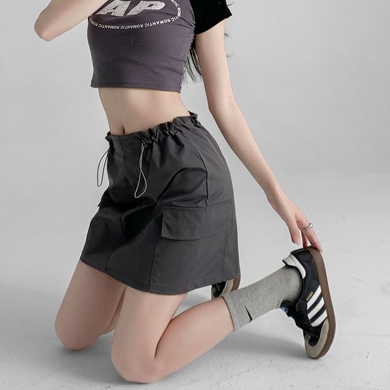 Drawstring High-Rise Plain Mini Skirt
