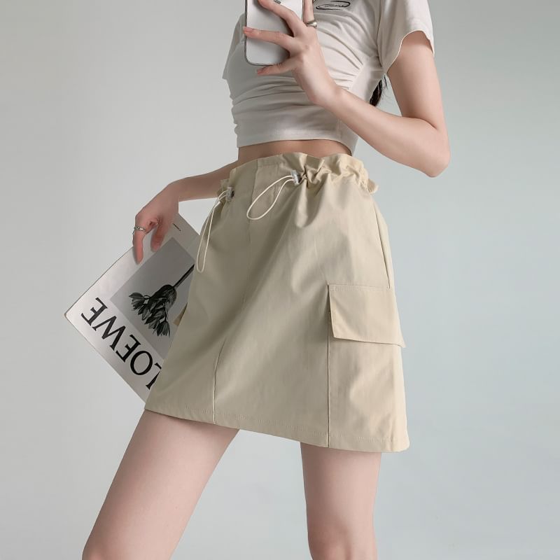 Drawstring High-Rise Plain Mini Skirt