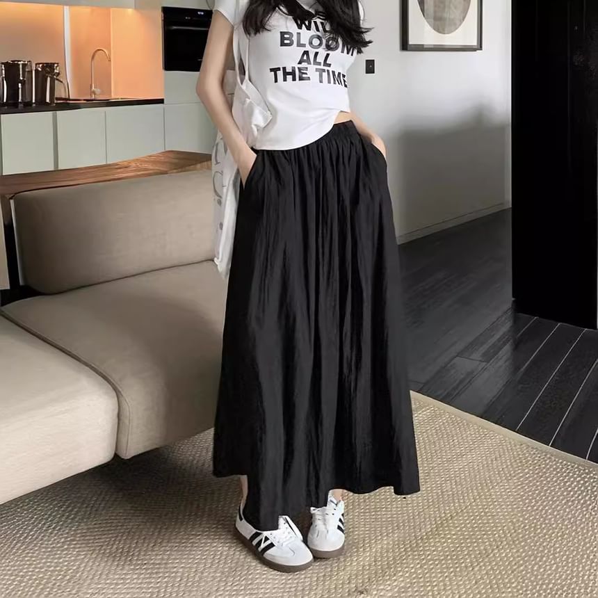 Shirred Midi A-Line Skirt with High Waist