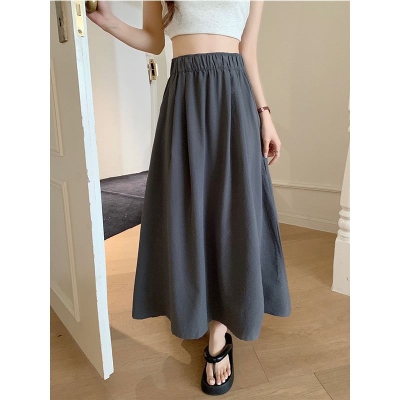 Shirred Midi A-Line Skirt with High Waist