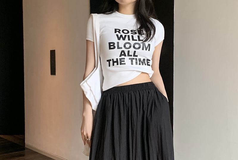 Shirred Midi A-Line Skirt with High Waist